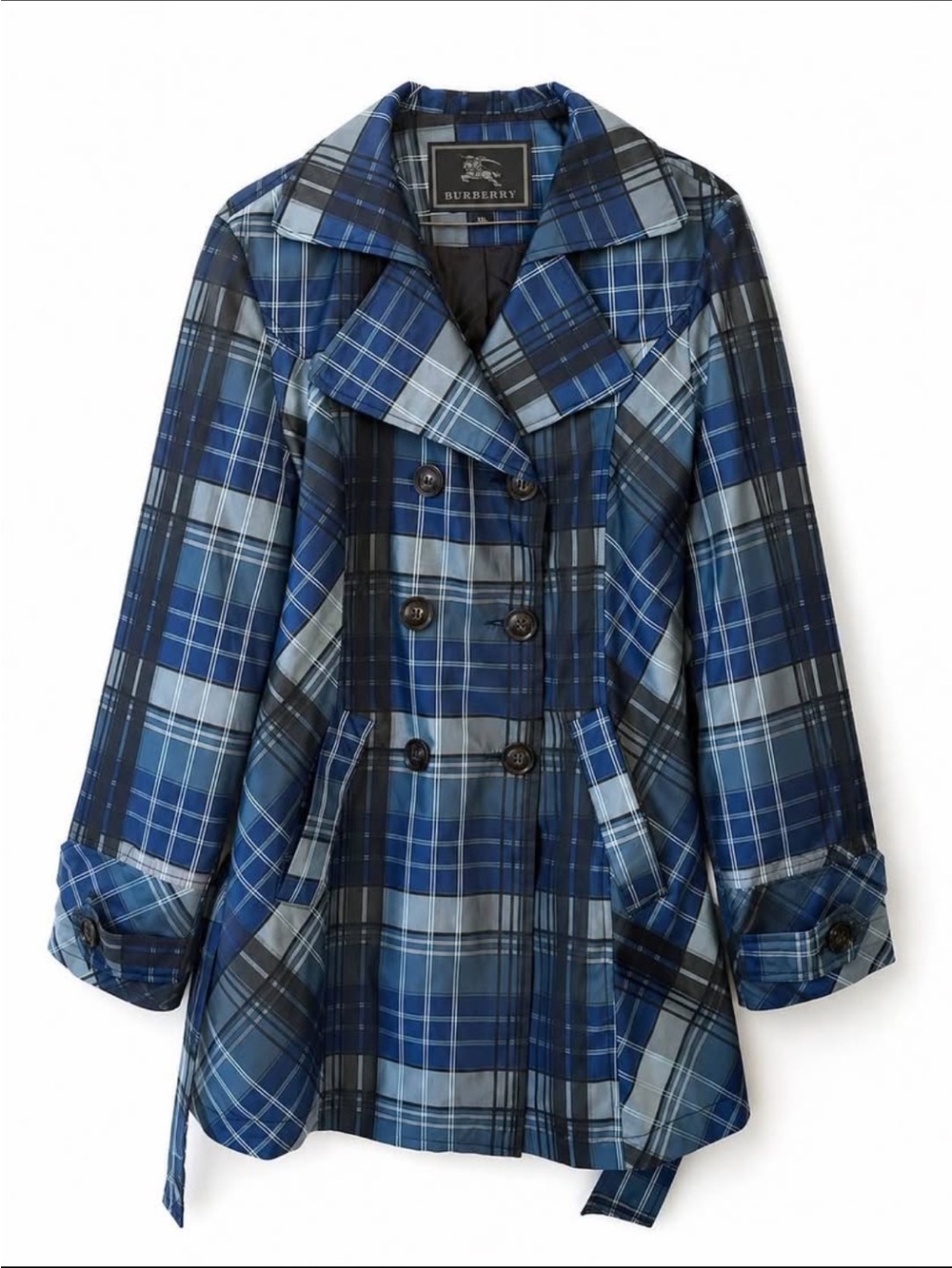 Burberry Blue Plaid Double-Breasted Trench Coat Knock Off